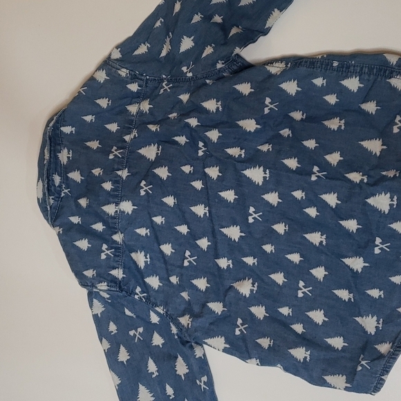 3/$30 Zara Baby Tree Axe Print Denim Long Sleeve 100% Cotton Button Down Holiday - Picture 4 of 5